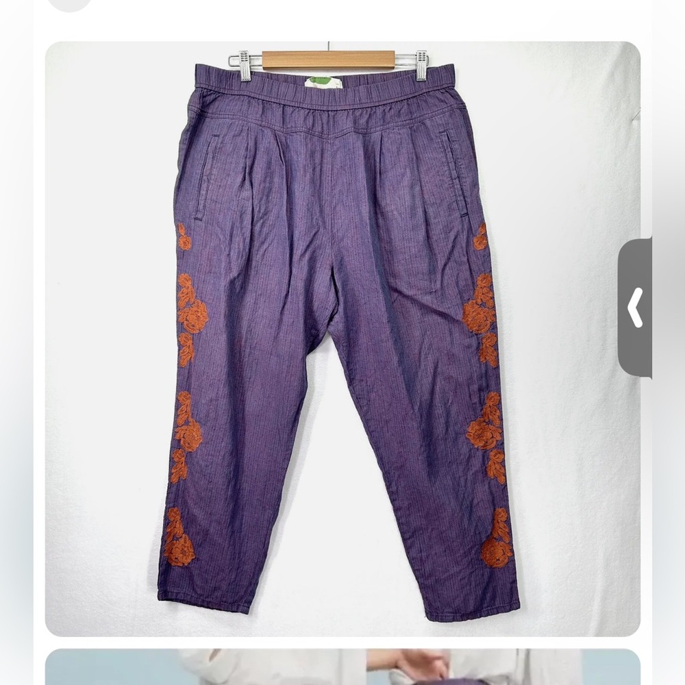 Anthropologie 100% Linen Purple Floral Embroidered Cropped Pants